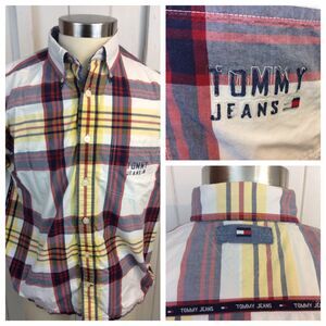 Vintage Tommy Hilfiger Jeans Spellout Shirt Short Sleeve Button White Plaid M